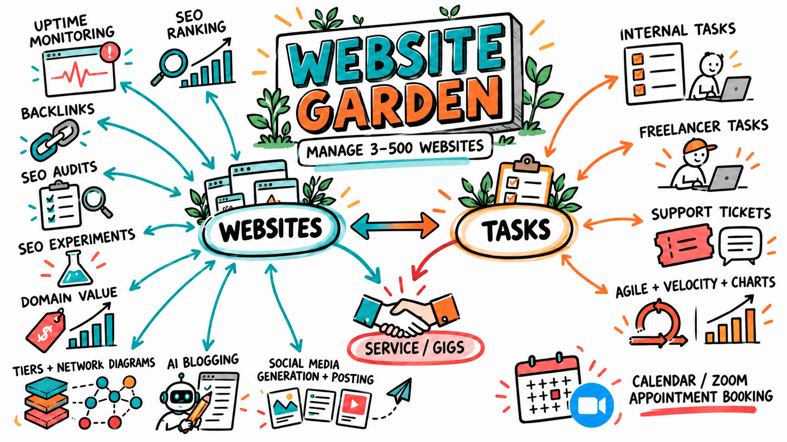 WebsiteGarden overview: websites and tasks at the center, connected to uptime monitoring, SEO ranking, backlinks, SEO audits, SEO experiments, domain value, tiers and network diagrams, AI blogging, social media posting, internal tasks, freelancer tasks, support tickets, agile velocity charts, calendar and Zoom appointment booking, and service gigs
